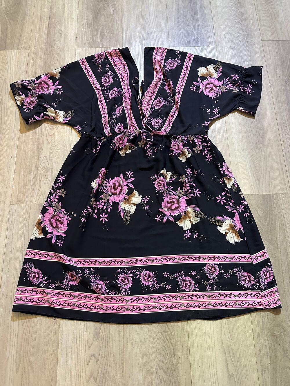 Black Pink Boho Floral Border Print Dress Empire Waist Short Puff Sleeve XL